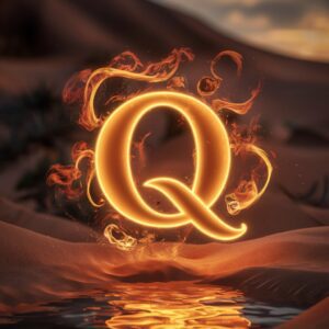 Fiery Q name DP in glowing amber, surrounded by swirling light in a mystical desert at dusk."