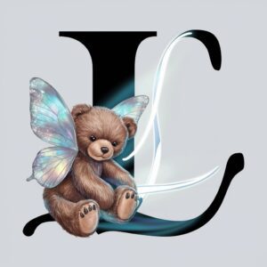 3D silver "L" logo with a plush teddy bear holding an iridescent butterfly on a clean white backdrop