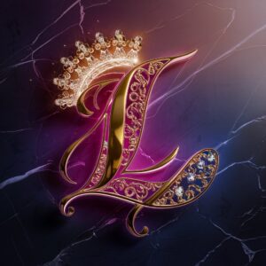 3D letter 'L' with royal purple neon accents and golden filigree, set against a marble backdrop