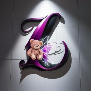 3D "L" logo in deep purple with a playful teddy bear and butterfly, glowing against a white backdrop