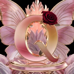 A romantic "Q" in blush pink and gold, with a crimson rose and butterfly wings in soft tones.