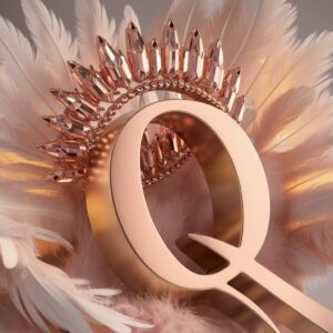 Crystal "Q" in rose gold tones, adorned with feathers and a crown, glowing softly with elegance.