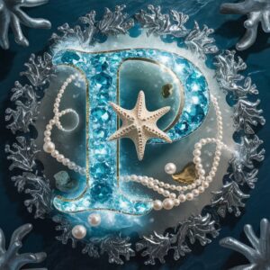 "A shimmering aquamarine 'P' with coral-like silver patterns, creating an ocean-inspired luxurious logo."