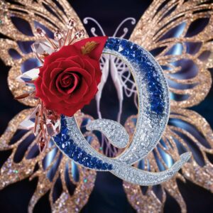 Sparkling "Q" in violet and silver, with a luxurious red rose and butterfly wings, glowing with elegance.