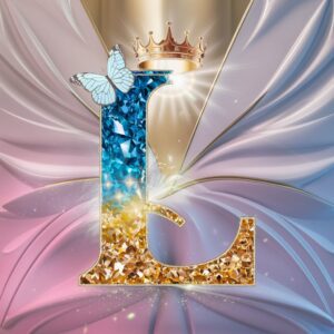 Elegant 'L' name dp in shimmering crystals with a crown and glowing accents in pastel hues."