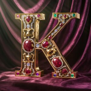 A lavish baroque "K" featuring intricate designs and vibrant jewels, creating an elegant name DP.