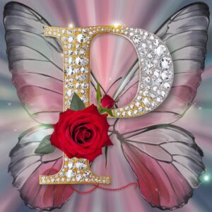 Luxurious "P" made of diamonds, adorned with roses and butterfly wings in a soft romantic glow.