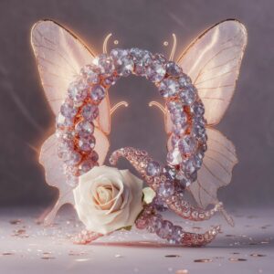 Elegant "Q" in rose gold with butterfly wings, glowing with romantic light and opulence