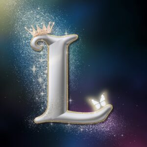 Starry name dp featuring a silver 'L' with golden accents, crown, and glowing stars