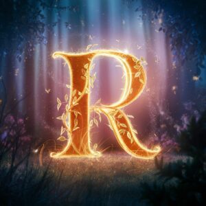 Enchanted "R" name DP set in a magical forest with golden letters, fireflies, and soft lighting.