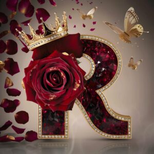 A deep burgundy "R" with a gold-tipped rose, adorned with a diamond-studded crown and butterflies.