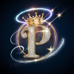 A royal 'P' illuminated by violet and blue light, with stars and golden dust enhancing the luxury."