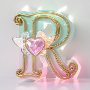 Dreamy "R" with neon teal and pink lights, adorned with a glowing heart and sparkling butterfly on a pristine white background.