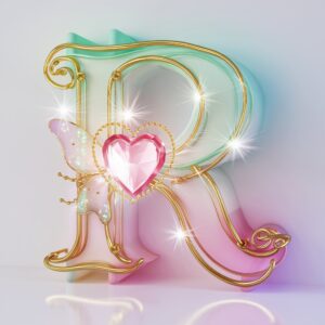 Glowing teal-to-pink "R" with neon accents and a glass butterfly, set against a clean white backdrop