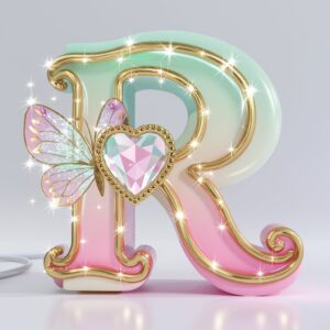 Fantasy-inspired "R" in neon lights, with teal and pink hues, a radiant heart, and butterfly on a pure white background.