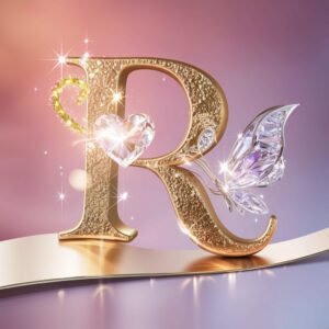 Golden "R" with a pink-to-lavender gradient, sparkling stars, and a diamond heart on a sleek white background.