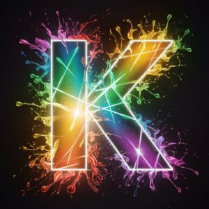 Glowing 'K' in rainbow colors with splashes of vibrant paint, evoking excitement and joy."