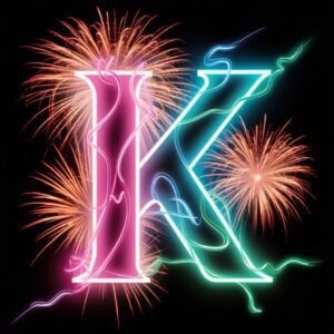 Glowing neon 'K' illuminated by stunning fireworks bursts, creating a festive, high-energy vibe