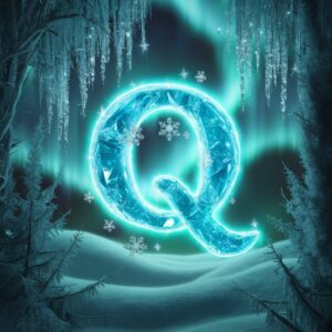 Q name DP glowing in crystalline blue with snowflakes, set in a mystical winter forest