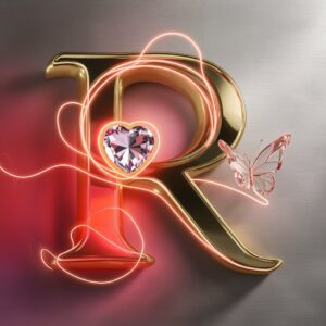 Luxury "R" logo with rich crimson hues and golden details, a gemstone heart, and glass butterfly on silver.