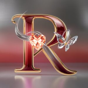 3D "R" in golden shine and crimson-to-coral gradient with a gemstone heart and glass butterfly on silver