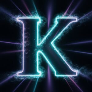 A high-tech 'K' glowing as a futuristic hologram with beams of light and dynamic particles."