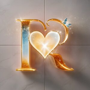 Bright "R" in amber and sky blue with a glowing heart and butterfly, set against a polished gray backdrop.