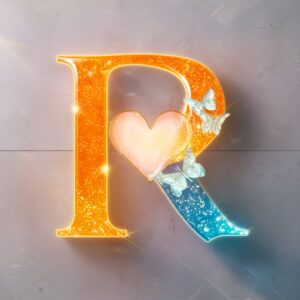 Softly glowing "R" with golden twinkles and a radiant butterfly, blending amber and blue hues on a sleek gray background.