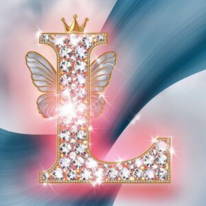 Shimmering name dp with 'L' made of diamonds, glowing butterfly wings, and a small crown." 