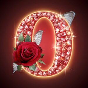 Crystalline letter "O" adorned with a red rose and gold, perfect for an elegant love DP.