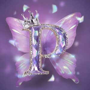 Crystal "P" in lavender hues with glowing accents and wings, an enchanting name DP option.