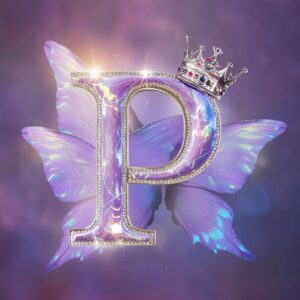 Shimmering lavender and silver "P" with butterfly wings, ideal for a personalized name DP.