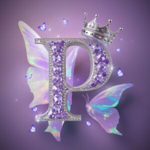 Elegant silver and lavender "P" with glowing butterfly wings, perfect for a stunning name DP.