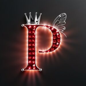 Red crystal "P" with glowing butterfly wings and a silver crown, a striking name DP.