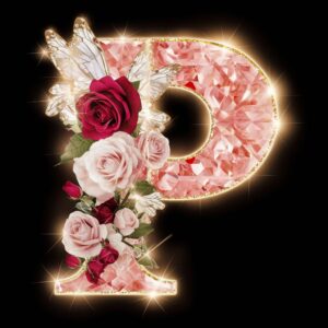 Radiant "P" with red and white roses and butterfly wings, glowing with a luxurious blush and gold hue.