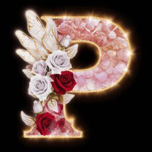 Blush pink-gold "P" with cascading roses and butterfly wings, glowing in a luxurious romantic style.