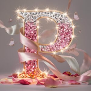 Elegant crystal "P" with silk ribbons and butterflies, emitting a romantic pink and silver glow.