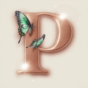 Elegant rose gold "P" with butterfly details and a crown, ideal for an exquisite name DP.