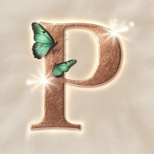 Beautiful rose gold and emerald "P" with a glowing background, a sophisticated name DP choice.