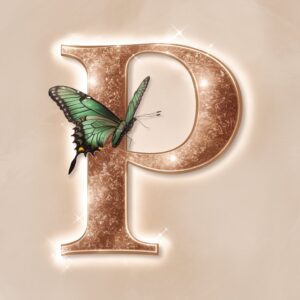 Rose gold "P" with emerald butterfly and crown, a luxurious touch for a name DP.