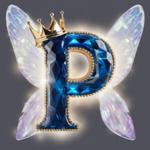 Crystal sapphire "P" with shimmering gold accents and wings, an opulent name DP choice.