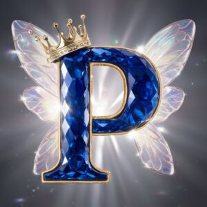 Radiant sapphire "P" with golden crown and glowing wings, an artistic name DP option.