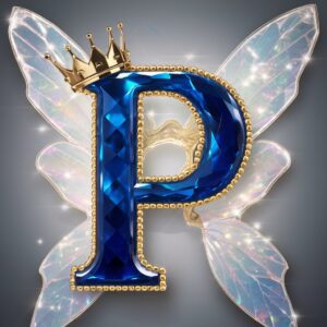 Sapphire blue "P" with gold crown and fairy wings, creating a regal and whimsical name DP.