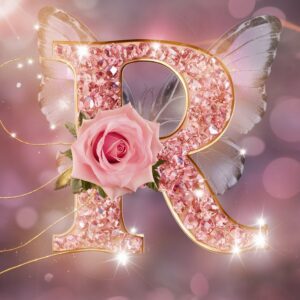 A shimmering "R" in pink and gold with a delicate rose and butterfly wings, glowing softly.