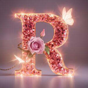 Luxurious letter R adorned with pink crystals, a delicate rose, and ethereal butterfly wings