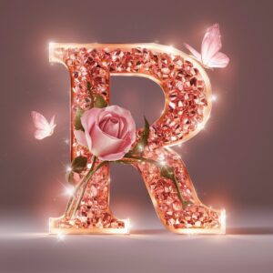 Romantic letter R in rose-gold crystals with a soft pink gradient and delicate pink rose accents."