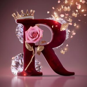 A deep ruby "R" with a pink-and-gold rose, glowing softly, surrounded by butterflies and petals.