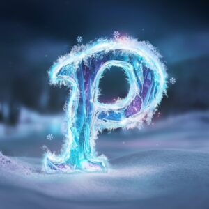 Frozen Name DP of "P" with 3D ice letters, soft blue light, and delicate snowflakes, set against a starry winter sky