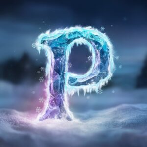 A stunning Name DP of "P" glowing in ice crystals, surrounded by falling snowflakes in a winter scene.