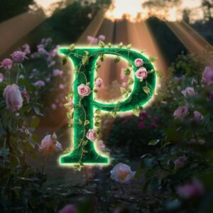 Gorgeous P name DP with vibrant green glow, roses, and beams of morning light filtering through a garden